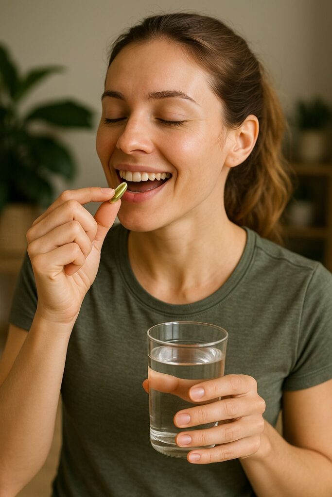 Adult taking a daily Glucotex capsule with a glass of water