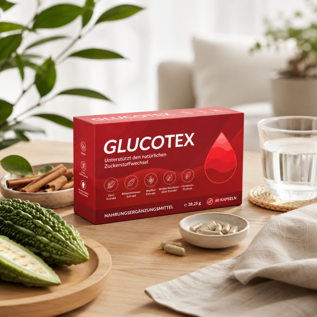 Glucotex box with capsules, water, cinnamon, and bitter melon in a clean home wellness setting