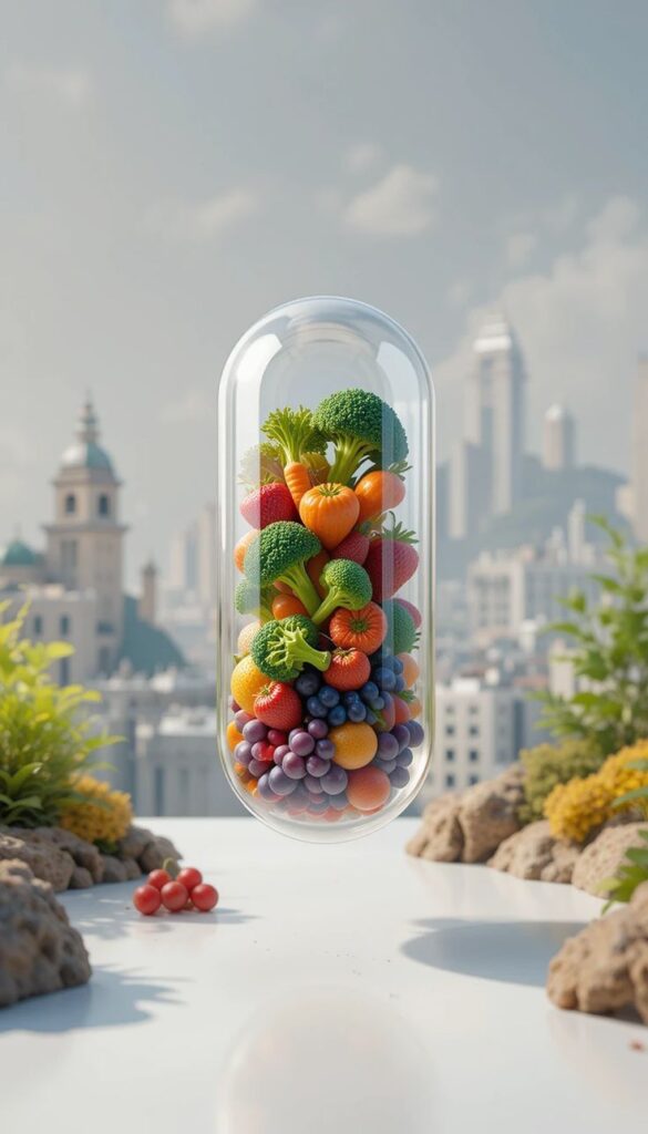 Capsule filled with fruits and vegetables symbolizing the wellness and ingredient concept associated with Glucotex